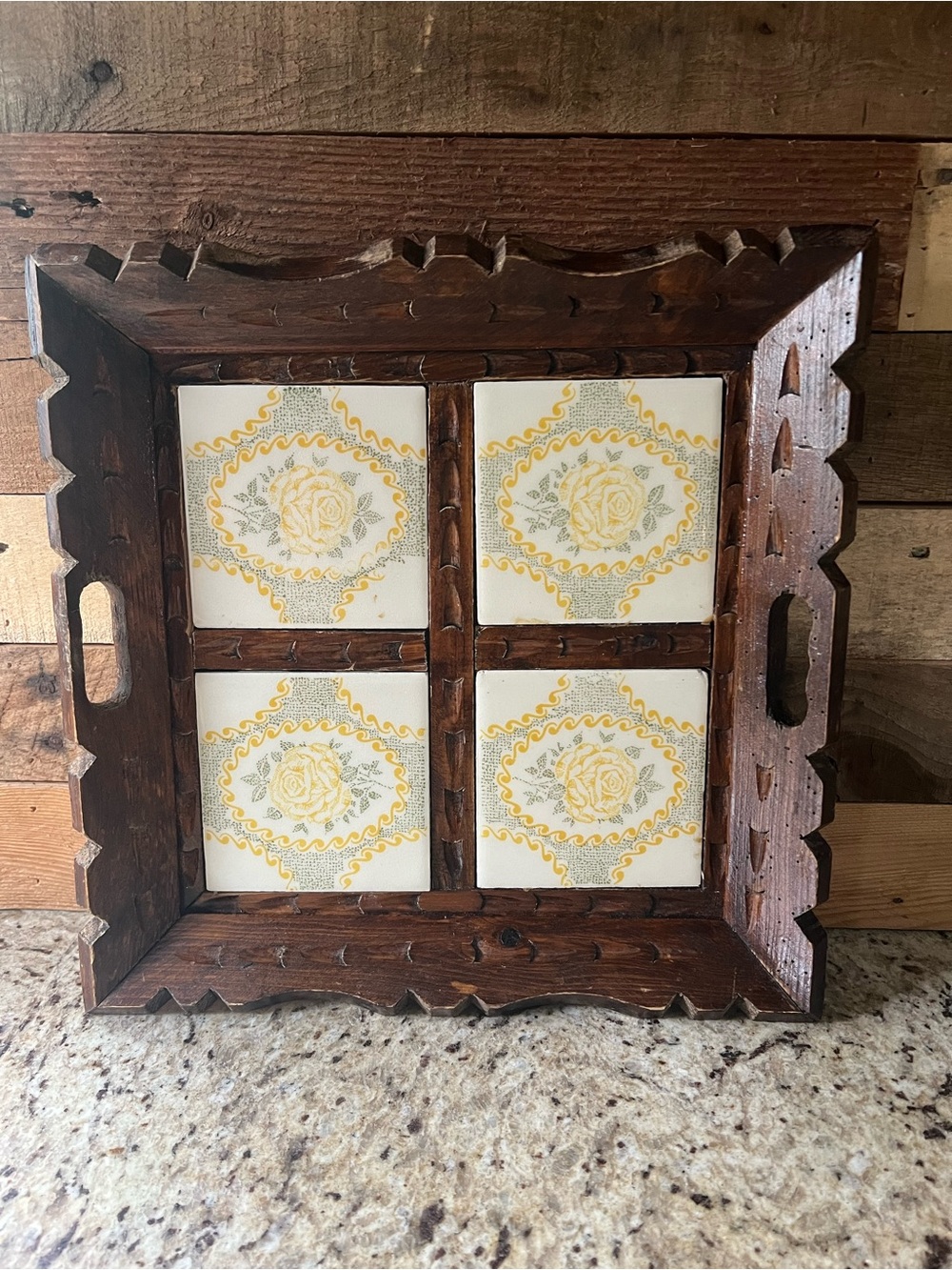 Mexican Folk Art Carved Wood Decorative Tray with Yellow Rose Tile Insets